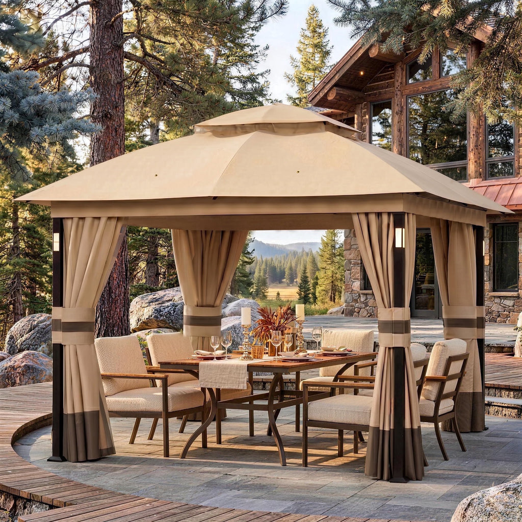 Big Leaf 10x10 Khaki Gazebo Double Roof Heavy Duty Metal Frame with LED Lights Bluetooth Speaker Netting and Curtains