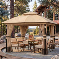 Big Leaf 10x10 Khaki Gazebo Double Roof Heavy Duty Metal Frame with LED Lights Bluetooth Speaker Netting and Curtains