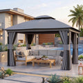 Big Leaf 11'x13' Gray Gazebo with LED Lights & Bluetooth Speaker, Metal Frame Double Roof, Netting & Curtains