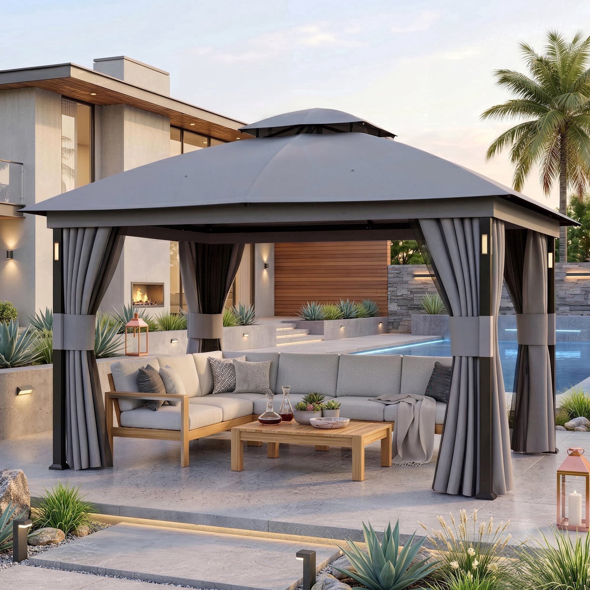 Big Leaf 11'x13' Gray Gazebo with LED Lights & Bluetooth Speaker, Metal Frame Double Roof, Netting & Curtains
