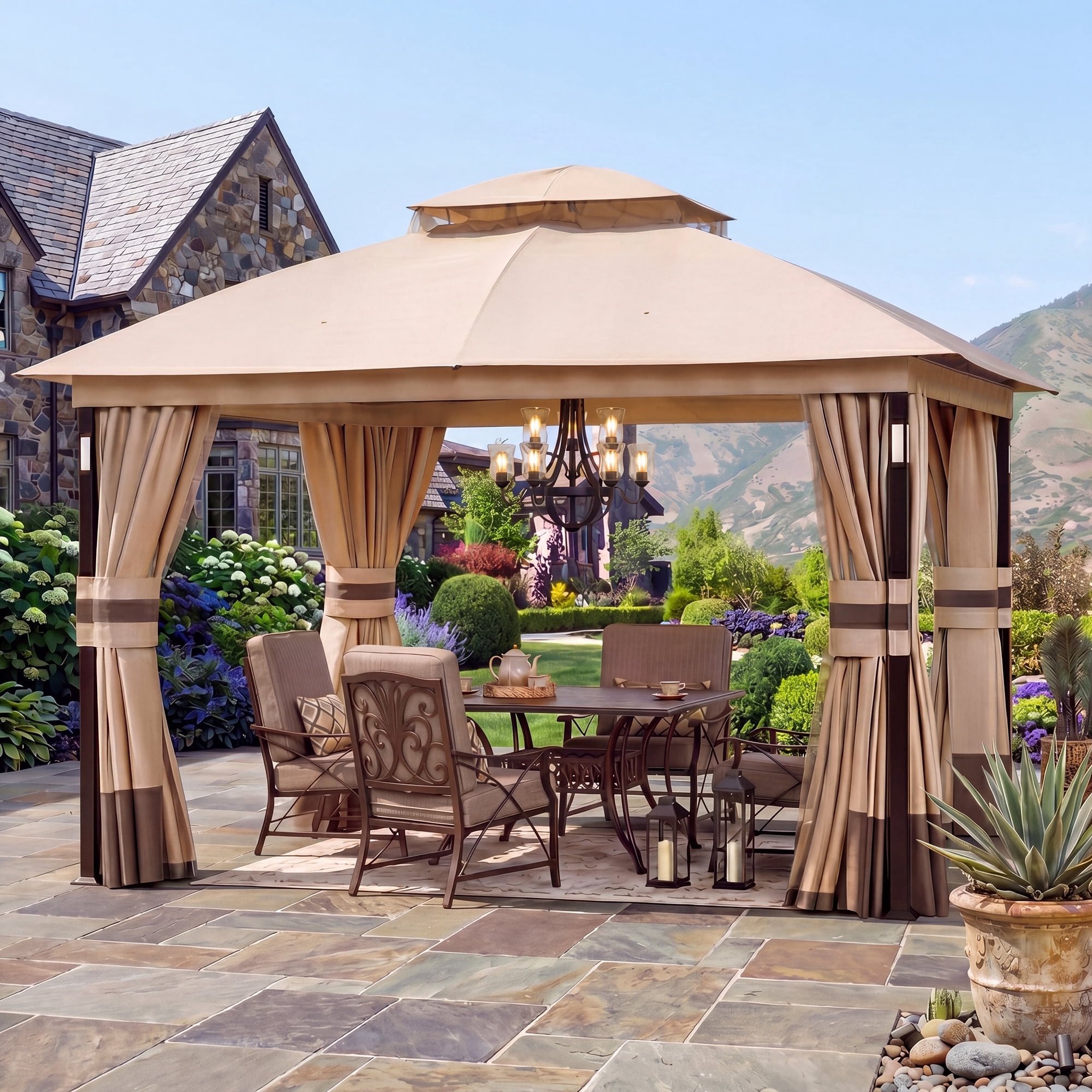 Big Leaf 11'x13' Patio Gazebo, LED Lights & Wireless Speaker, Dual-Layer Soft Top, Netting & Weatherproof Curtains