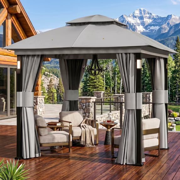 Big Leaf 8'x8' Gray Double Roof Gazebo with LED Lights Bluetooth Speaker Netting Curtains