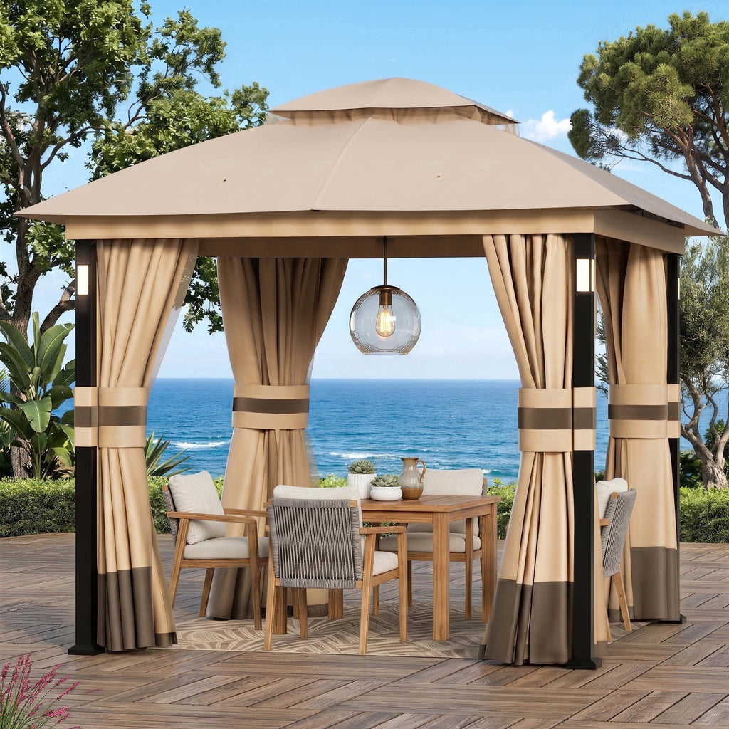 Big Leaf 8x8ft Soft Top Patio Gazebo Metal Frame with Netting Curtains Khaki