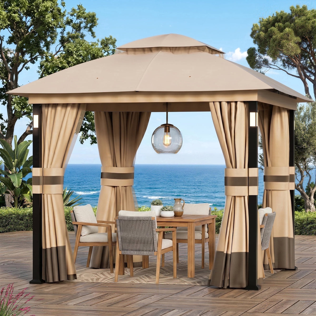 Big Leaf 8x8ft Soft Top Patio Gazebo Metal Frame with Netting Curtains Khaki