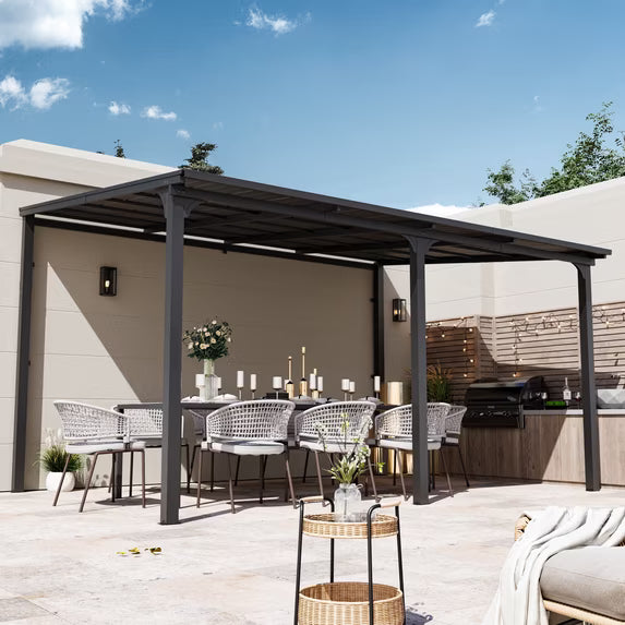 StoneCreek 10'x14' Wall Mounted Gazebo, Galvanized Steel Sloped Roof with Drainage Gutter, Outdoor Lean to Pergola for Patio