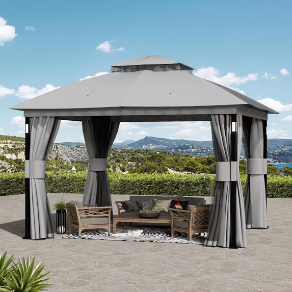 Covered Outdoor 10'x12' Gray Gazebo with LED Lights & Bluetooth Speaker, Metal Frame Double Roof, Netting & Curtains