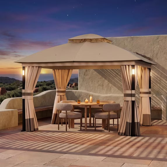 Covered Outdoor 10'x12' Khaki Gazebo with LED Lights & Bluetooth Speaker, Metal Frame Double Roof, Netting & Curtains