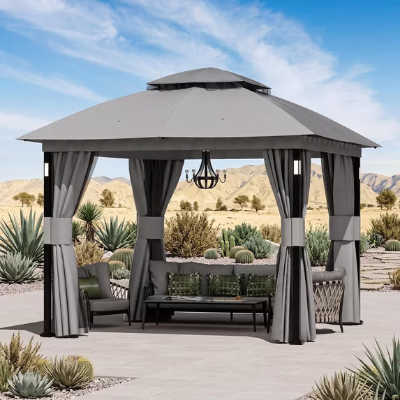 Covered Outdoor 10x10 Gray Gazebo Double Roof Heavy Duty Metal Frame with LED Lights Bluetooth Speaker Netting and Curtains