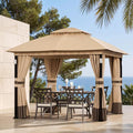 Covered Outdoor 10x10 Khaki Gazebo Double Roof Heavy Duty Metal Frame with LED Lights Bluetooth Speaker Netting and Curtains