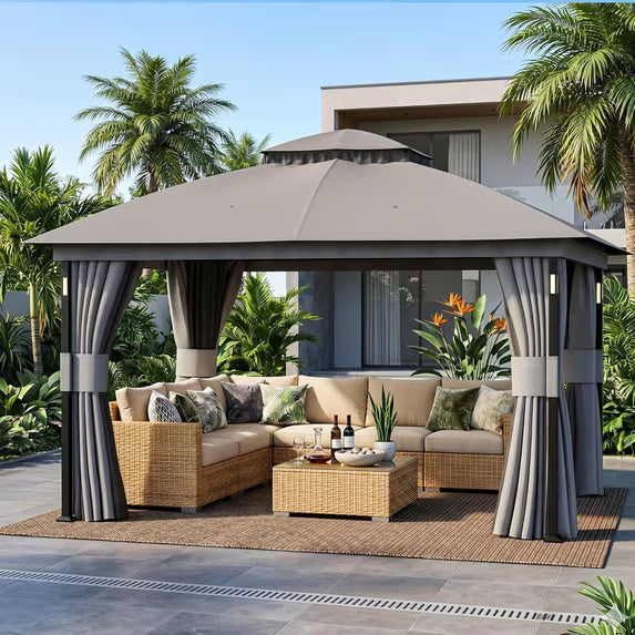Covered Outdoor 11' x 13' Patio Gazebo, LED Lights & Bluetooth Speaker, Heavy Duty Metal Frame Double Roof Soft Top Canopy with Netting & Curtains, Gray Outdoor Shelter for Backyard Garden