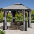 Covered Outdoor 8'x8' Gray Double Roof Gazebo with LED Lights Bluetooth Speaker Netting Curtains