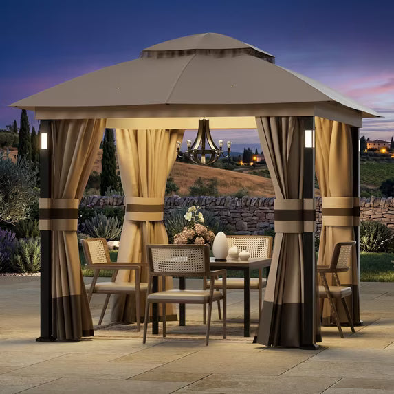 Covered Outdoor 8x8ft Soft Top Patio Gazebo Metal Frame with Netting Curtains Khaki