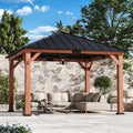 Modern Shade Tranquil Grove 12' x 12' Wood Gazebo - Polycarbonate Hip Roof Hardtop Pavilion with Hooks