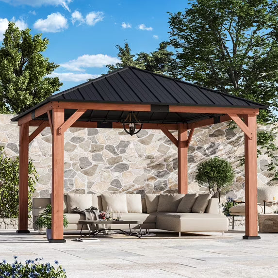 Modern Shade Tranquil Grove 12' x 12' Wood Gazebo - Polycarbonate Hip Roof Hardtop Pavilion with Hooks