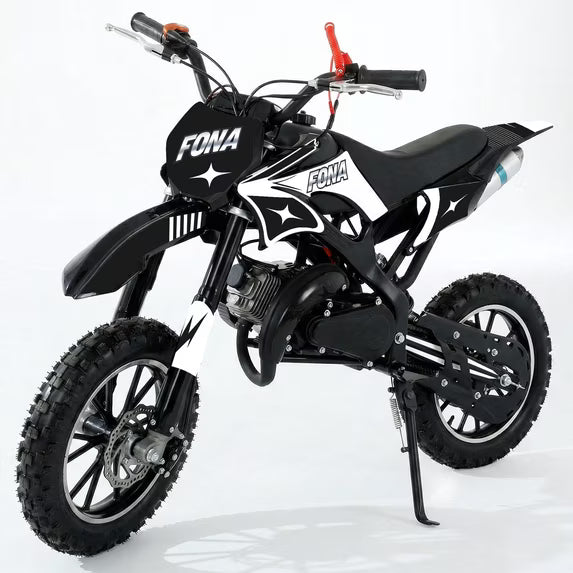 FONA 49cc 2-Stroke Dirt Bike for Kids 8-12, 25mph Mini Motorcycle with Dual Disc Brakes, Multi terrain tires Tires, Suspension & Soft Seat Black