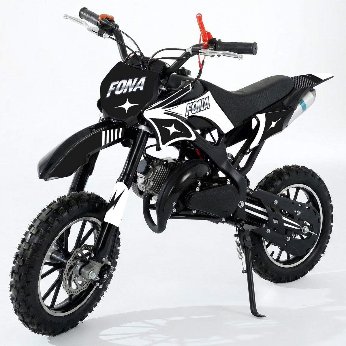 FONA 49cc 2-Stroke Dirt Bike for Kids 8-12, 25mph Mini Motorcycle with Dual Disc Brakes, Multi Terrain Tires, Suspension & Soft Seat Black