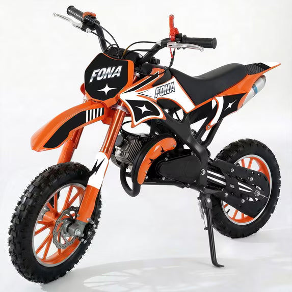 FONA 49cc 2-Stroke Dirt Bike for Kids 8-12, 25mph Mini Motorcycle with Dual Disc Brakes, Multi Terrain Tires, Suspension & Soft Seat Orange