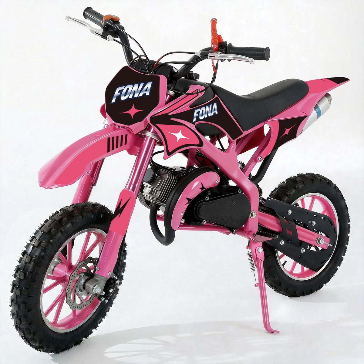 FONA 49cc 2-Stroke Dirt Bike for Kids 8-12, 25mph Mini Motorcycle with Dual Disc Brakes, Multi Terrain Tires, Suspension & Soft Seat Pink