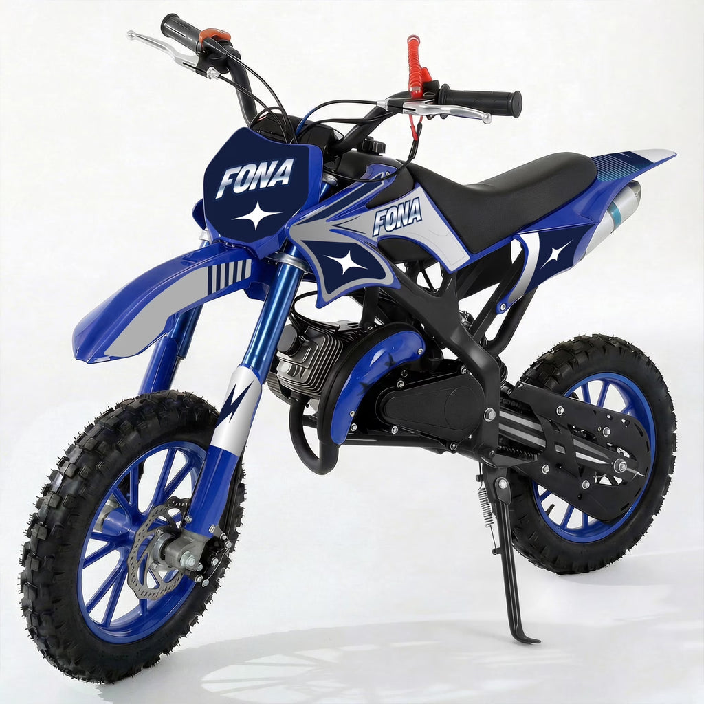 FONA 49cc Kids Dirt Bike 2-Stroke, 25MPH Mini Motorcycle for Ages 8–12, Dual Disc Brakes, Stable Suspension, Off-Road Tires, Soft Seat Blue