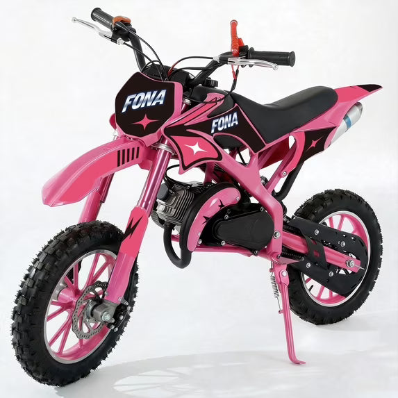 FONA 49cc Kids Dirt Bike 2-Stroke, 25MPH Mini Motorcycle for Ages 8–12, Dual Disc Brakes, Stable Suspension, Off-Road Tires, Soft Seat Pink