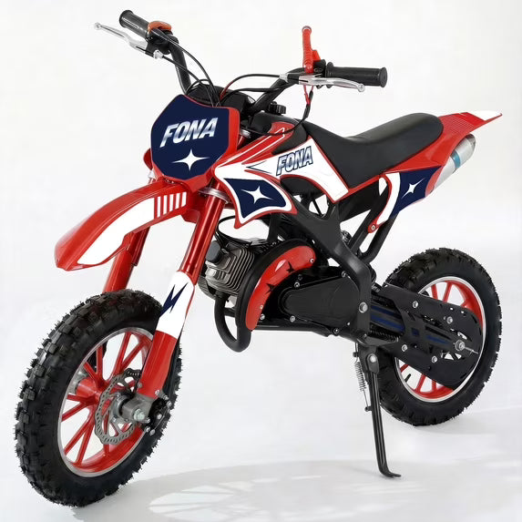 FONA 49cc Kids Dirt Bike 2-Stroke, 25MPH Mini Motorcycle for Ages 8–12, Dual Disc Brakes, Stable Suspension, Off-Road Tires, Soft Seat Red
