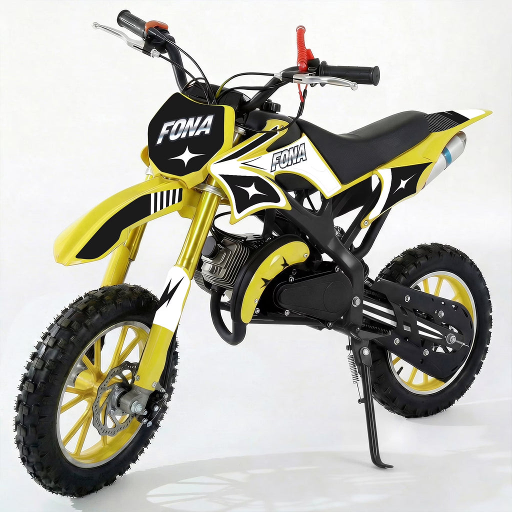 FONA 49cc Kids Dirt Bike 2-Stroke, 25MPH Mini Motorcycle for Ages 8–12, Dual Disc Brakes, Stable Suspension, Off-Road Tires, Soft Seat Yellow