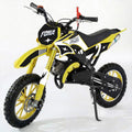 FONA 49cc Kids Dirt Bike 2-Stroke, 25MPH Mini Motorcycle for Ages 8–12, Dual Disc Brakes, Stable Suspension, Off-Road Tires, Soft Seat Yellow