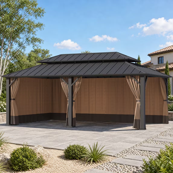 Gazebo Curtain Universal 12'x24' 4-Panel Zipper Privacy Sidewalls, Replacement for Patio Canopy, Coffee (Curtain Only)