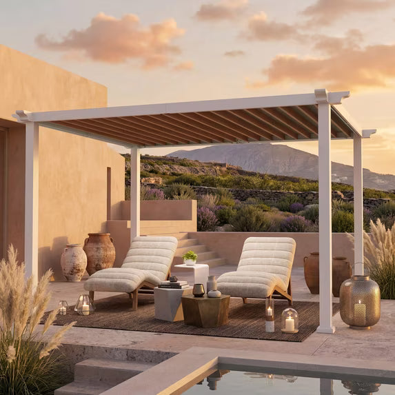 Modern Shade 10'x12' Open Sky Pergola Cabana, Heavy Duty Metal with Trellis Roof & Textilene Shade for Patio, Backyard & Poolside