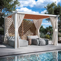 Modern Shade 10'x12' Open Sky Pergola Cabana with Trellis Roof, Heavy Duty Metal Frame, Privacy Curtains, Wood Grain Back Wall & Textilene Sun Shelter for Patio