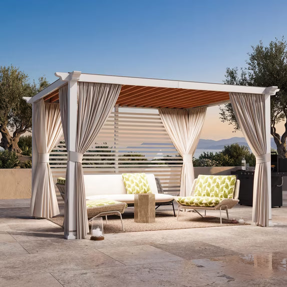Modern Shade 10'x12' Open Sky Pergola Cabana with Trellis Roof, Privacy Curtains, White Back Wall & Textilene Sun Shade for Patio