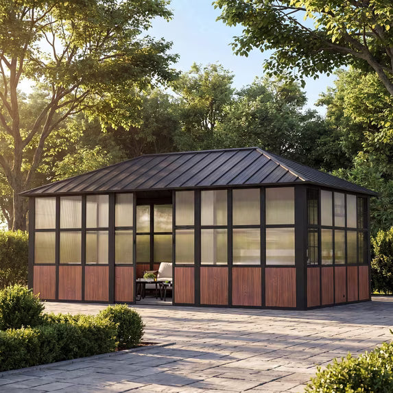 Modern Shade 12'x20' Hardtop Sunroom Gazebo, Aluminum Frame, Galvanized Steel Roof, TV Mount, Sliding Doors