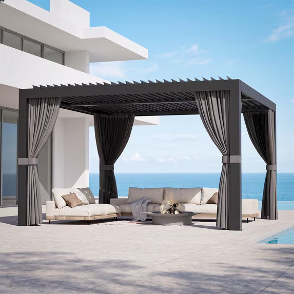 Modern Shade 12'x12' Black Louvered Pergola, Adjustable Waterproof Roof with Drainage, USB Strip, Curtains & Net, Reinforced Frame, Easy Assembly for Patio Backyard
