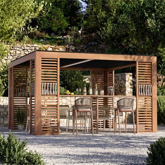 Modern Shade 12'x12' Louvered Pergola, Adjustable Waterproof Roof, Built-In Drainage & Wood-Grain Frame, Includes Bar Counter & Stools