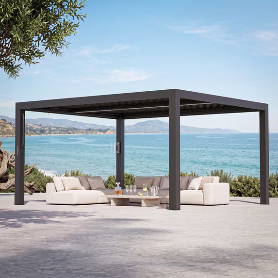 Modern Shade 12'x14' Black Louvered Pergola, Adjustable Waterproof Roof with Drainage, USB Power Strip, Reinforced Frame, Easy Assembly for Patio & Backyard