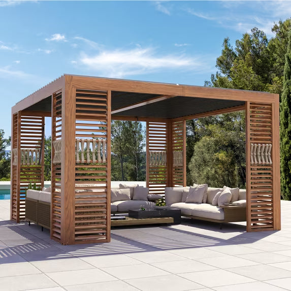 Modern Shade 12x12 Louvered Pergola Adjustable Waterproof Roof Drainage Wood Grain Heavy Duty Frame for Patio Backyard