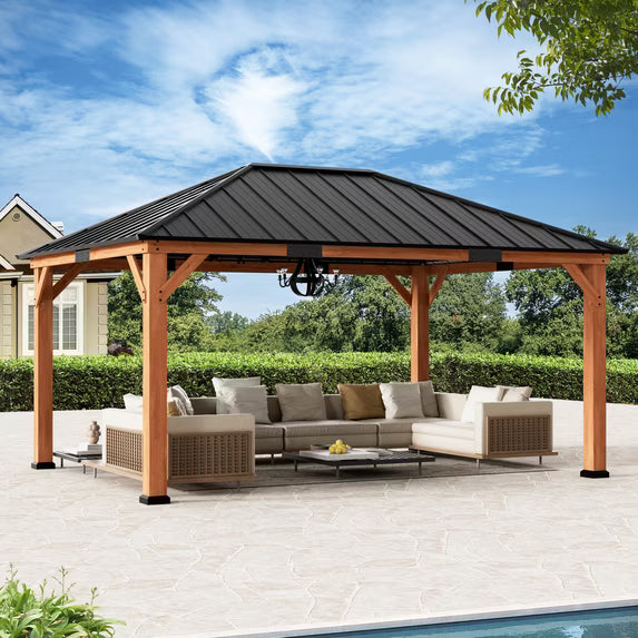 Modern Shade Tranquil Grove 12'x16’Hardtop Gazebo,Cedar Framed Pavilion with Galvanized Steel Roof,Permanent Patio Metal Gazebo for Outdoor Brown