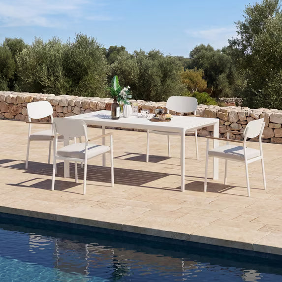 Modern Shade 5 Piece White Luxury Outdoor Dining Set Aluminum Frame FSC Teak Fade Resistant Quick Dry Cushions