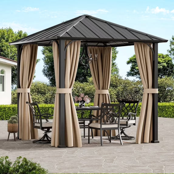 Modern Shade 8'x8' Hardtop Gazebo, Galvanized Steel Roof, Detachable Curtains, All-Weather Outdoor Patio Cover for Backyard Deck Garden