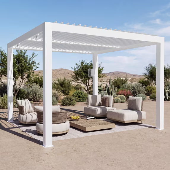 Modern Shade Aurora 10'x10' White Louvered Pergola, Adjustable Waterproof Roof, USB Port, Drainage & Reinforced Frame