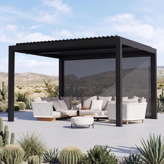 Modern Shade Aurora 10'x12' Louvered Pergola, Black | Adjustable Waterproof Roof, 12ft Pull-Down Screens, USB Port, Drainage & Reinforced Frame for Outdoor Deck
