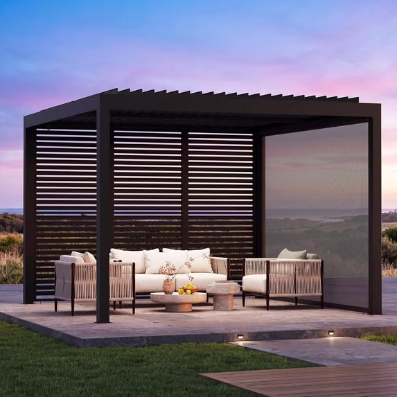 Modern Shade Aurora 10x10 Louvered Pergola Black Adjustable Waterproof Roof with Drainage Pull Down Screens USB Port Sturdy Frame for Patio