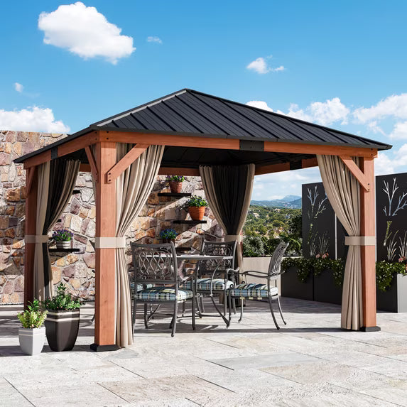 Modern Shade Tranquil Grove 12' x 12' Wood Gazebo - Polycarbonate Hip Roof Hardtop with Mosquito Netting & Curtains, Hooks