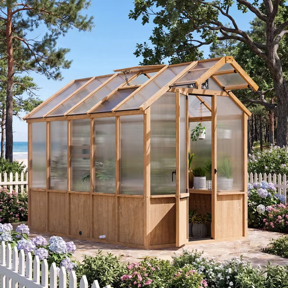 Modern Shade EverBloom 6.5'x10' Cedar Wood Greenhouse, 8' Extra-Tall with Built-in Faucet Kit, Shelving, Power Strip and Ventilation System