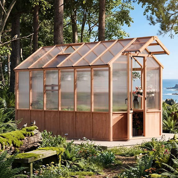 Modern Shade EverBloom 6.5'x12' Cedar Wood Greenhouse, 8' Extra-Tall with Built-in Faucet Kit, Shelving, Power Strip & Ventilation System