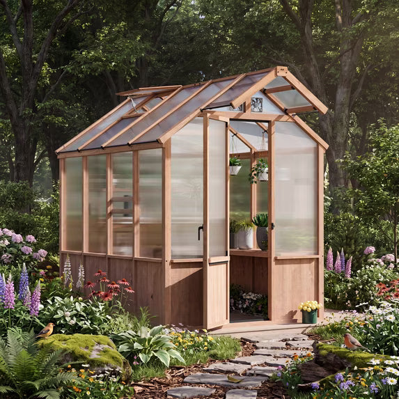 Modern Shade EverBloom 6.5'x8' Cedar Wooden Greenhouse, 8' Extra-Tall with Built-in Faucet Kit, Shelving, Power Strip and Ventilation System