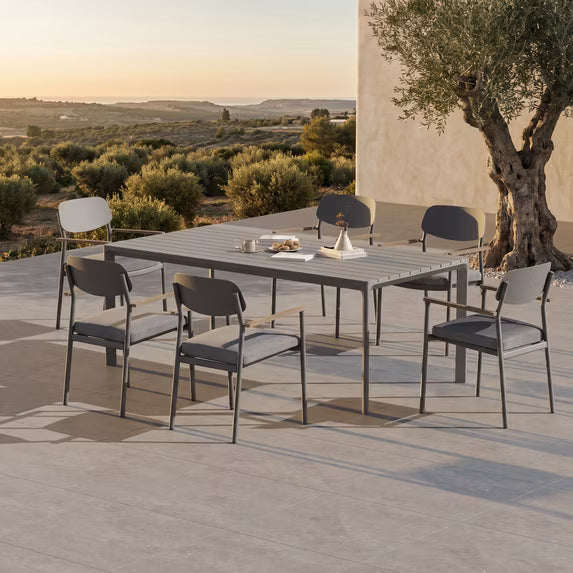 Modern Shade Gray 7 Piece Luxury Outdoor Dining Set Aluminum Patio Table Chairs FSC Teak Armrests Fade Resistant Outdoor Cushions Elegant Backyard Furniture
