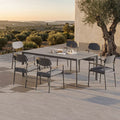 Modern Shade Gray 7 Piece Luxury Outdoor Dining Set Aluminum Patio Table Chairs FSC Teak Armrests Fade Resistant Outdoor Cushions Elegant Backyard Furniture