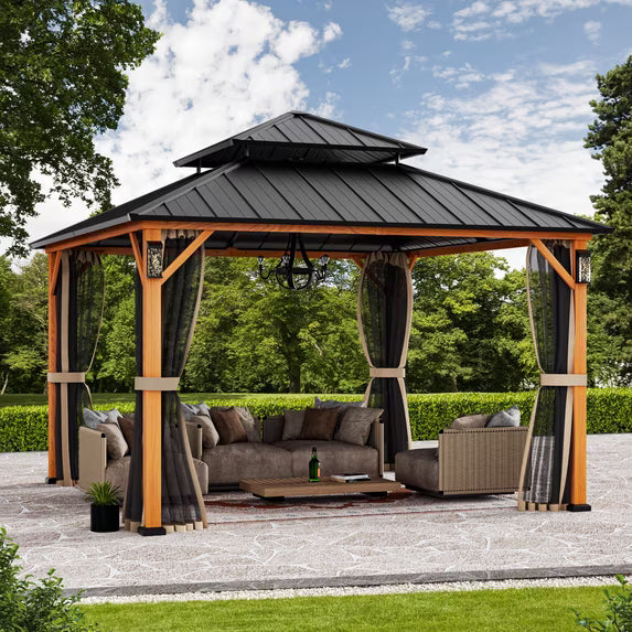 Modern Shade Hardtop Gazebo 12' x 12' with 4 LED Lights, Permanent Gazebo with Double Galvanized Steel Roof for Outdoor Backyard, Brown