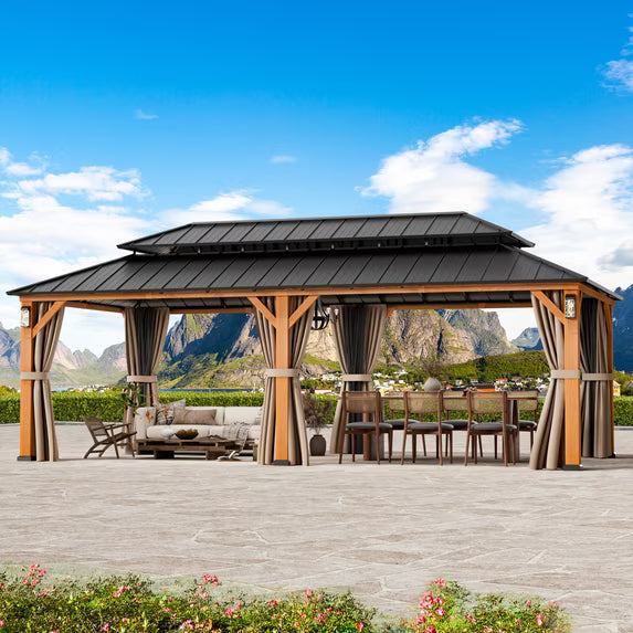Modern Shade Horizon 12' x 24' Wood-Grain Hardtop Gazebo with LED Lights, Double Roof and Curtains
